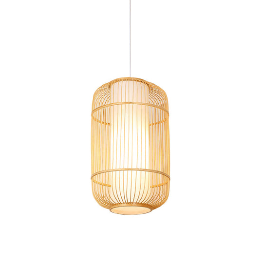 Asian Style Bamboo Pendant with Diamond, Drum, and Barrel Drops - 1-Light Hanging Light Kit for Restaurants in Beige