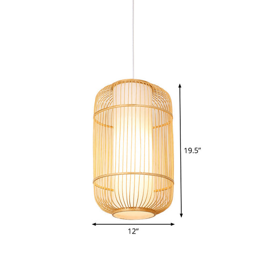 Asian Style Bamboo Pendant with Diamond, Drum, and Barrel Drops - 1-Light Hanging Light Kit for Restaurants in Beige