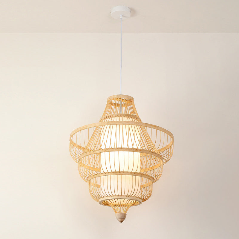 Asian Bamboo Pendant Hanging Light Kit - Diamond/Drum/Barrel Drop Design 1-Light Beige / H