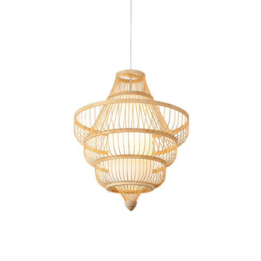 Asian Style Bamboo Pendant with Diamond, Drum, and Barrel Drops - 1-Light Hanging Light Kit for Restaurants in Beige