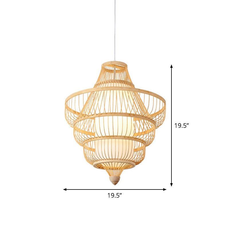 Asian Style Bamboo Pendant with Diamond, Drum, and Barrel Drops - 1-Light Hanging Light Kit for Restaurants in Beige