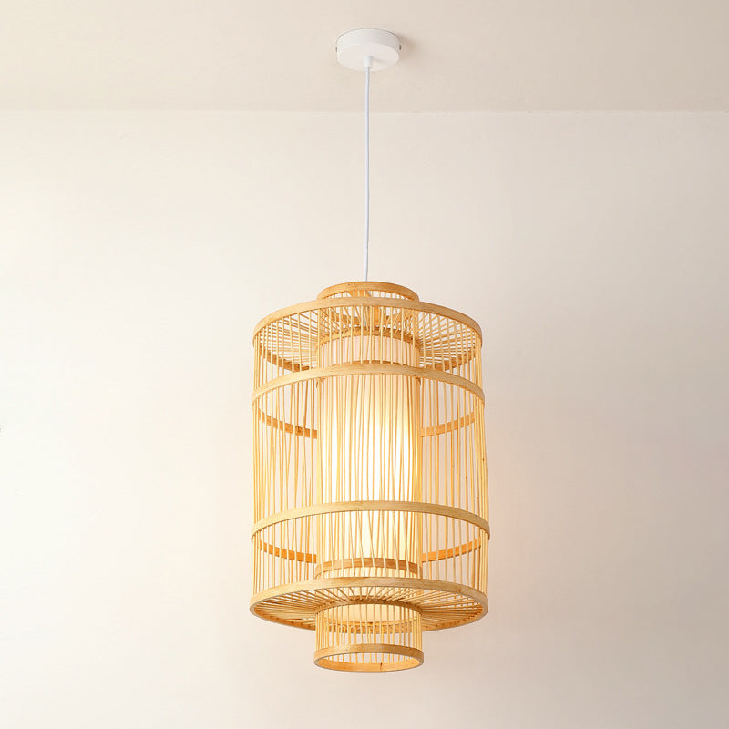 Asian Bamboo Pendant Hanging Light Kit - Diamond/Drum/Barrel Drop Design 1-Light Beige / G