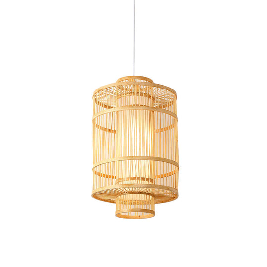 Asian Style Bamboo Pendant with Diamond, Drum, and Barrel Drops - 1-Light Hanging Light Kit for Restaurants in Beige