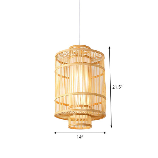 Asian Bamboo Pendant Hanging Light Kit - Diamond/Drum/Barrel Drop Design 1-Light Beige