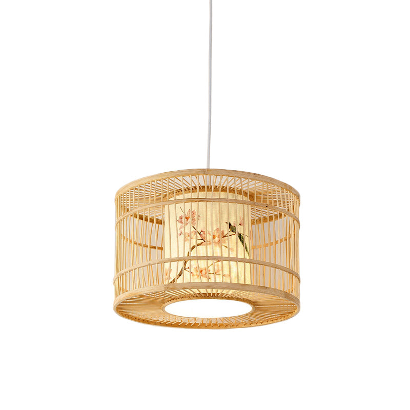 Asian Style Bamboo Pendant with Diamond, Drum, and Barrel Drops - 1-Light Hanging Light Kit for Restaurants in Beige