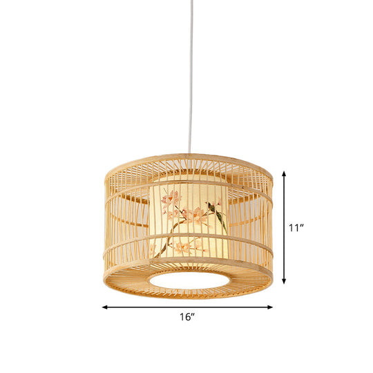 Asian Style Bamboo Pendant with Diamond, Drum, and Barrel Drops - 1-Light Hanging Light Kit for Restaurants in Beige