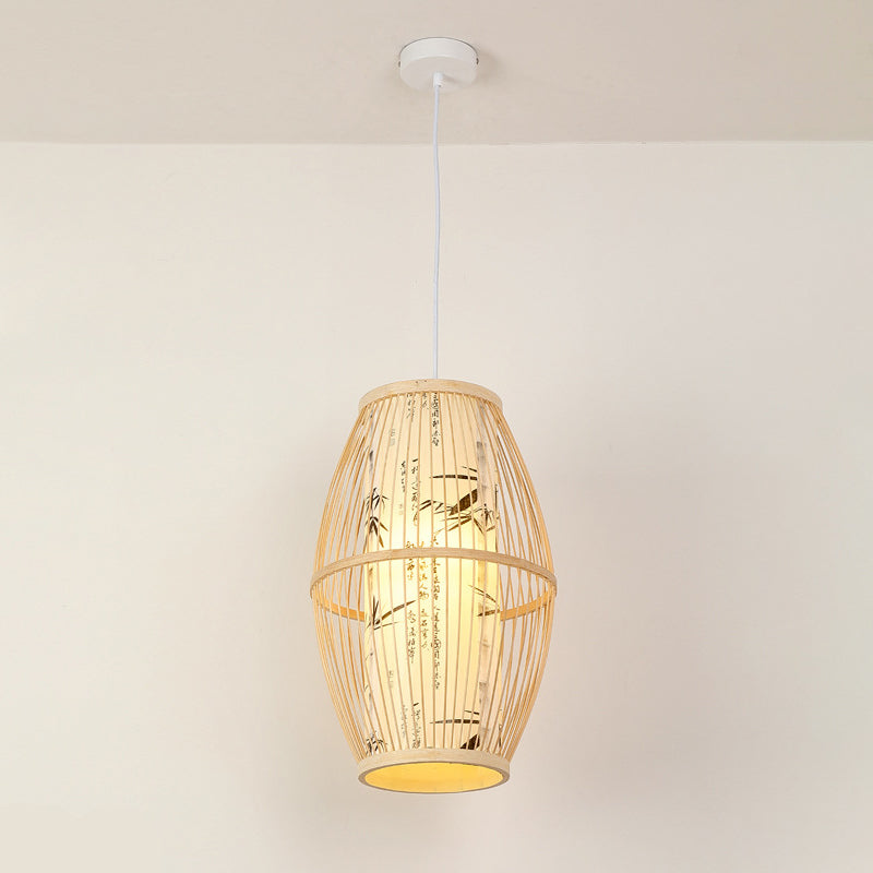 Asian Bamboo Pendant Hanging Light Kit - Diamond/Drum/Barrel Drop Design 1-Light Beige / A