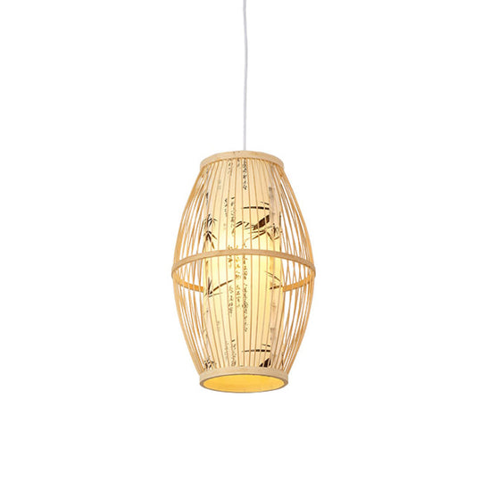 Asian Style Bamboo Pendant with Diamond, Drum, and Barrel Drops - 1-Light Hanging Light Kit for Restaurants in Beige