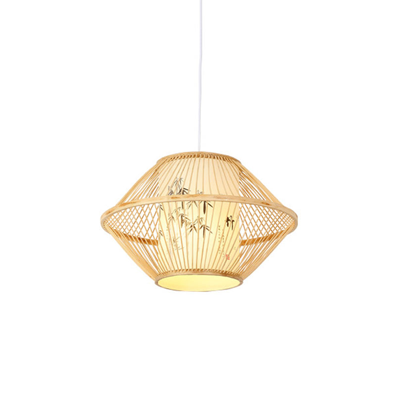 Asian Bamboo Pendant Hanging Light Kit - Diamond/Drum/Barrel Drop Design 1-Light Beige