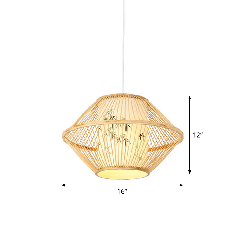 Asian Style Bamboo Pendant with Diamond, Drum, and Barrel Drops - 1-Light Hanging Light Kit for Restaurants in Beige