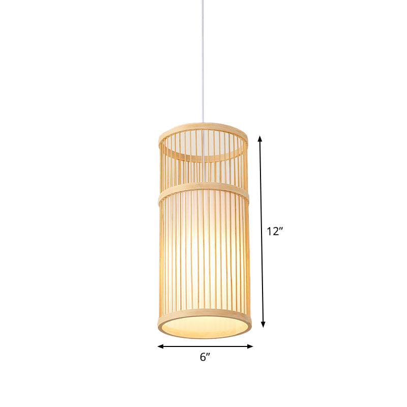 Asian Style Bamboo Pendant with Diamond, Drum, and Barrel Drops - 1-Light Hanging Light Kit for Restaurants in Beige