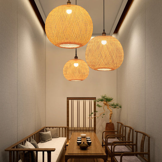 12"/14"/21.5" Asian Beige Pendant Lamp with Bamboo Shade - Dining Room Suspension Light