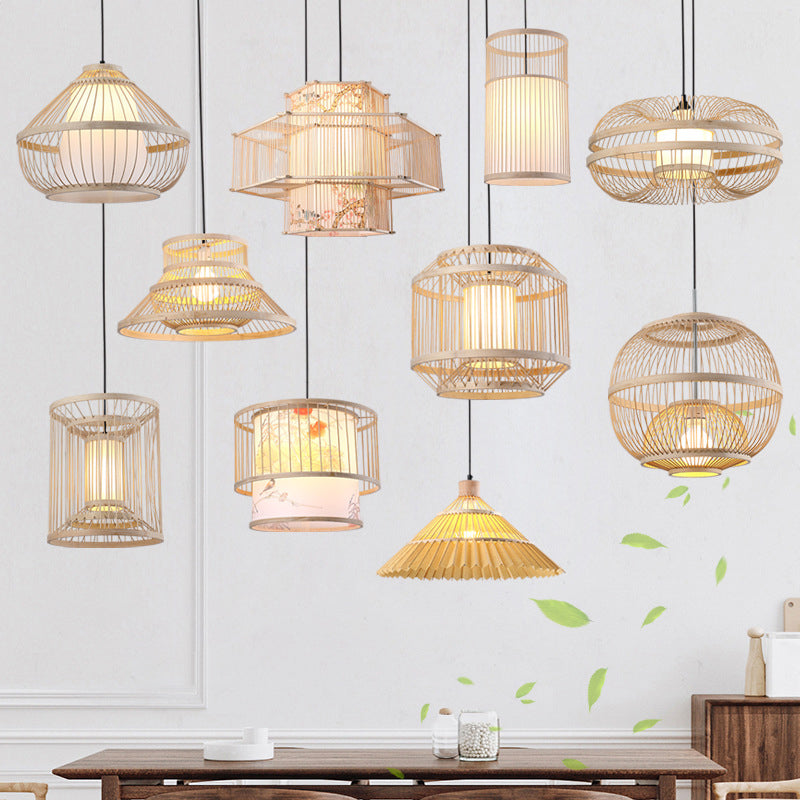 Bamboo Cylinder Pendant Light - Japanese Style Ceiling Lamp for Restaurants - Beige