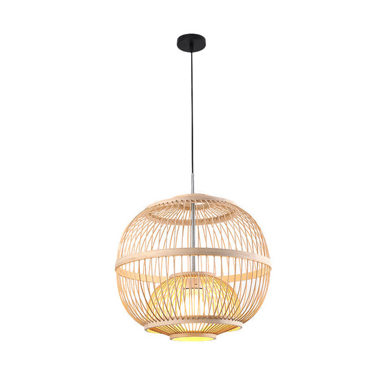 Japanese Style Bamboo Pendant Light In Beige For Restaurant - Single Bulb Ceiling Hanging Fixture /