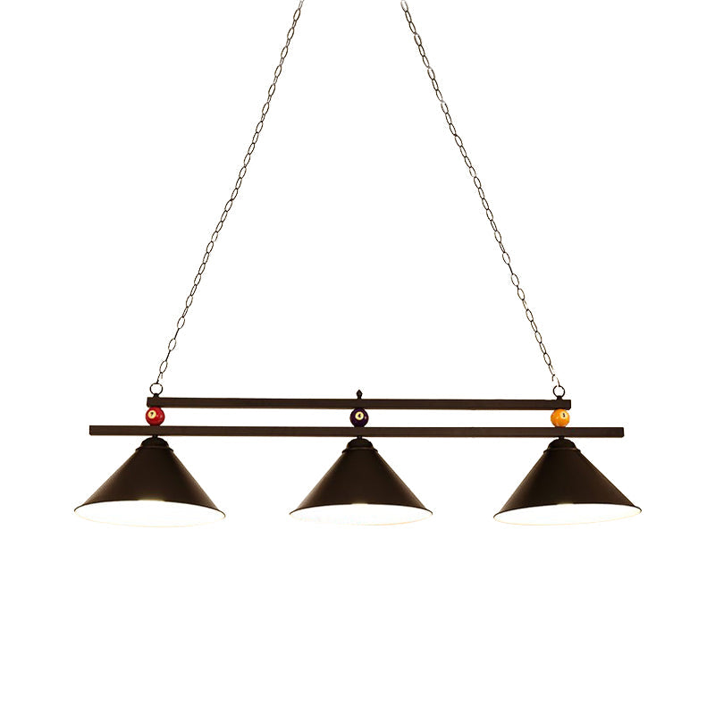 Black/Red Industrial Cone Shade Ceiling Pendant With 3 Metal Heads And Billiard Ball Deco