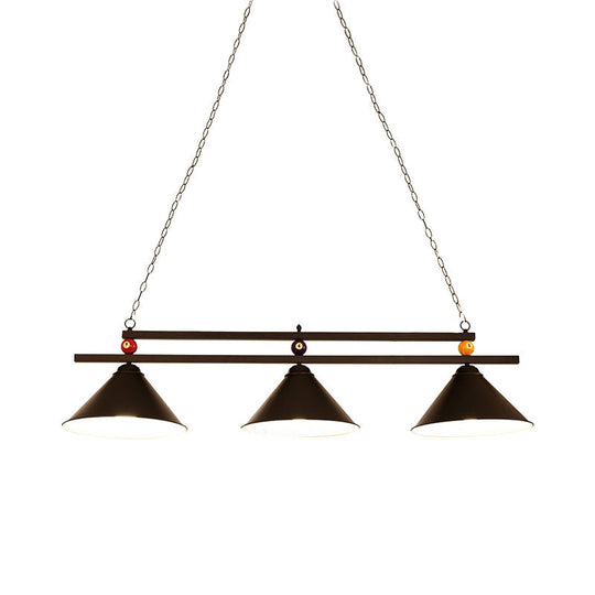 Black/Red Industrial Cone Shade Ceiling Pendant With 3 Metal Heads And Billiard Ball Deco