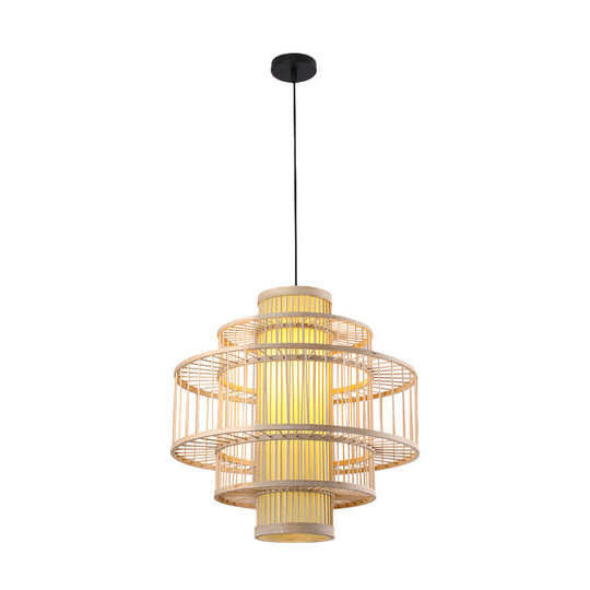 Japanese Style Bamboo Pendant Light In Beige For Restaurant - Single Bulb Ceiling Hanging Fixture /