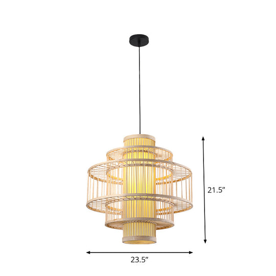 Japanese Style Bamboo Pendant Light In Beige For Restaurant - Single Bulb Ceiling Hanging Fixture