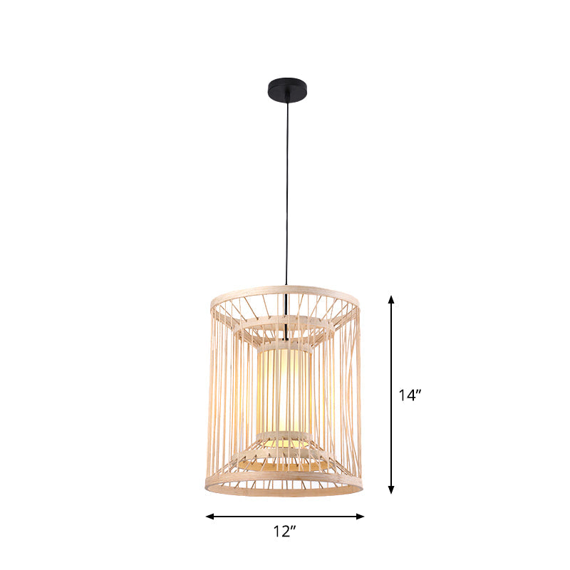 Japanese Style Bamboo Pendant Light In Beige For Restaurant - Single Bulb Ceiling Hanging Fixture