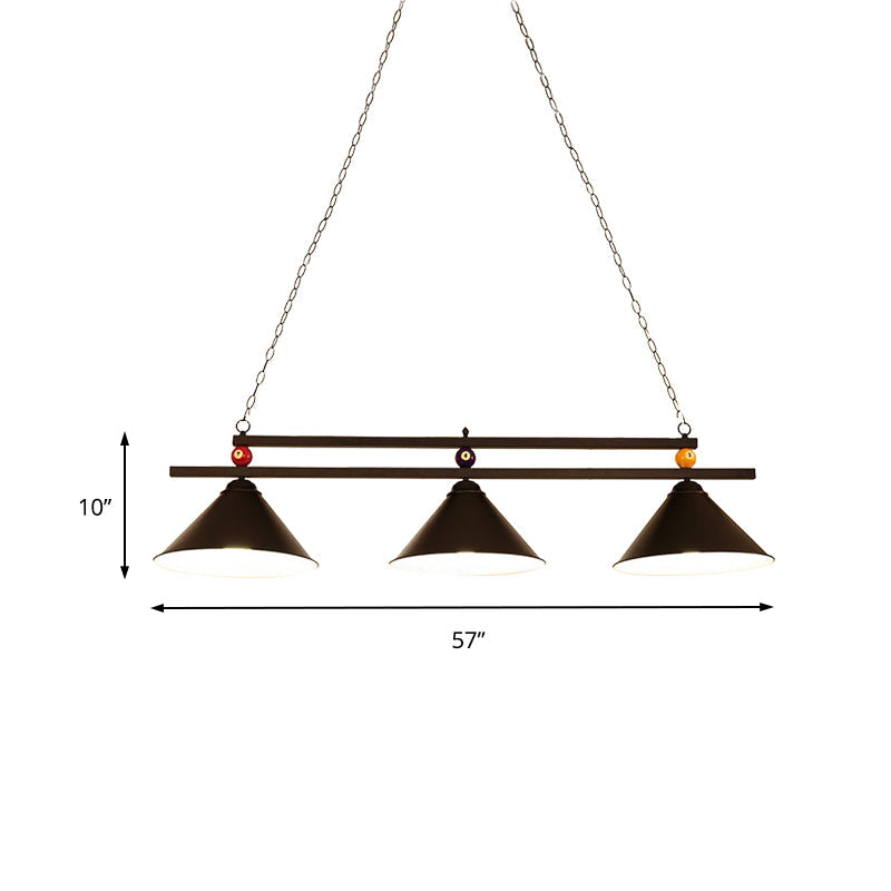 Black/Red Industrial Cone Shade Ceiling Pendant With 3 Metal Heads And Billiard Ball Deco