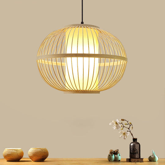 Asian Bamboo 1-Light Beige Pendant Light Fixture - Oval Suspension Lighting Inner Shade 14/16/23.5