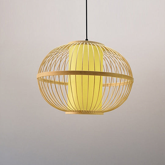 Asian Bamboo 1-Light Beige Pendant Light Fixture - Oval Suspension Lighting Inner Shade 14/16/23.5