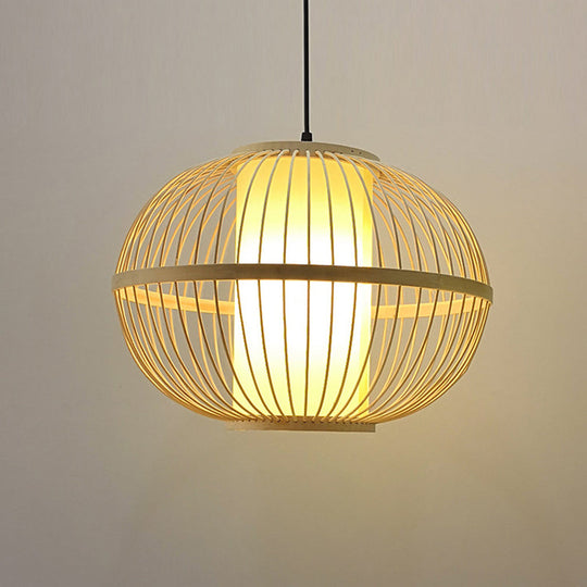 Asian Bamboo Oval Pendant Light with Inner Shade - 1-Light Beige - 3 Size Options