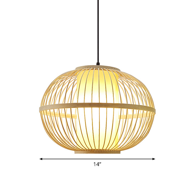 Asian Bamboo Oval Pendant Light with Inner Shade - 1-Light Beige - 3 Size Options