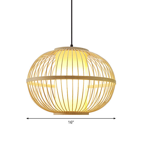 Asian Bamboo Oval Pendant Light with Inner Shade - 1-Light Beige - 3 Size Options