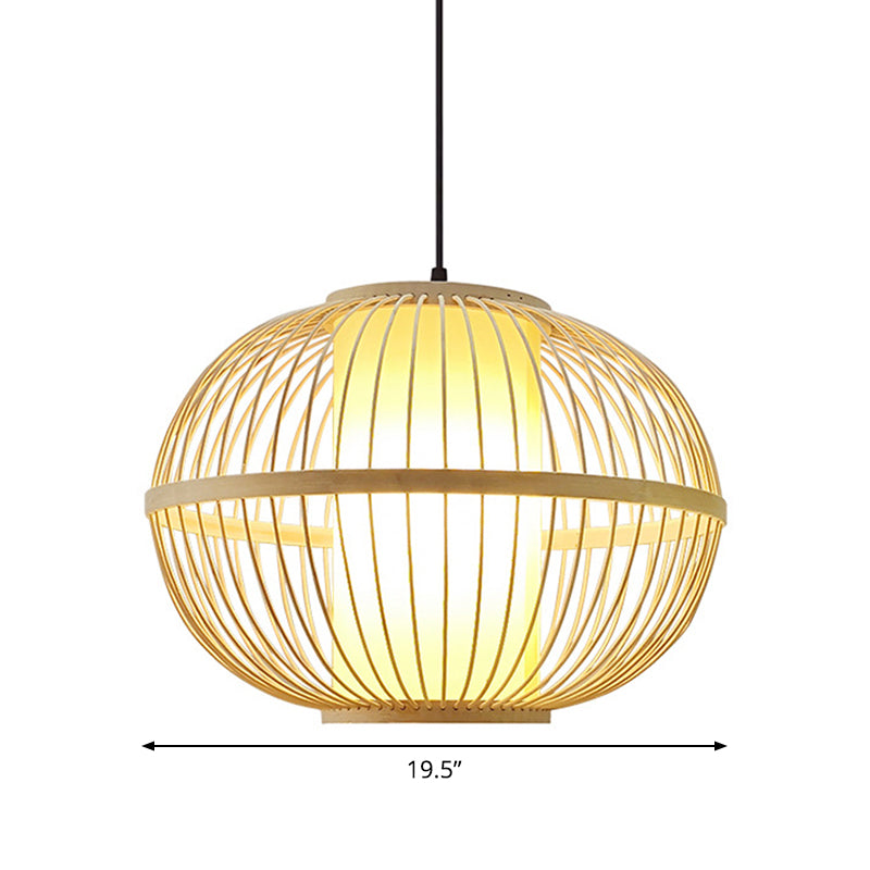 Asian Bamboo Oval Pendant Light with Inner Shade - 1-Light Beige - 3 Size Options