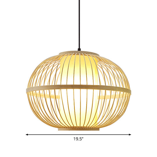 Asian Bamboo Oval Pendant Light with Inner Shade - 1-Light Beige - 3 Size Options