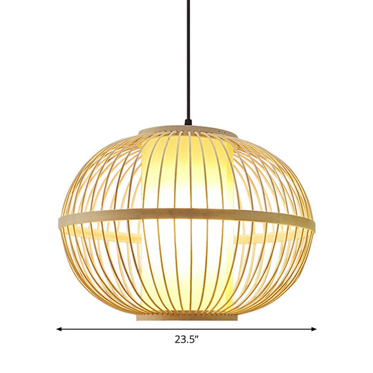 Asian Bamboo Oval Pendant Light with Inner Shade - 1-Light Beige - 3 Size Options