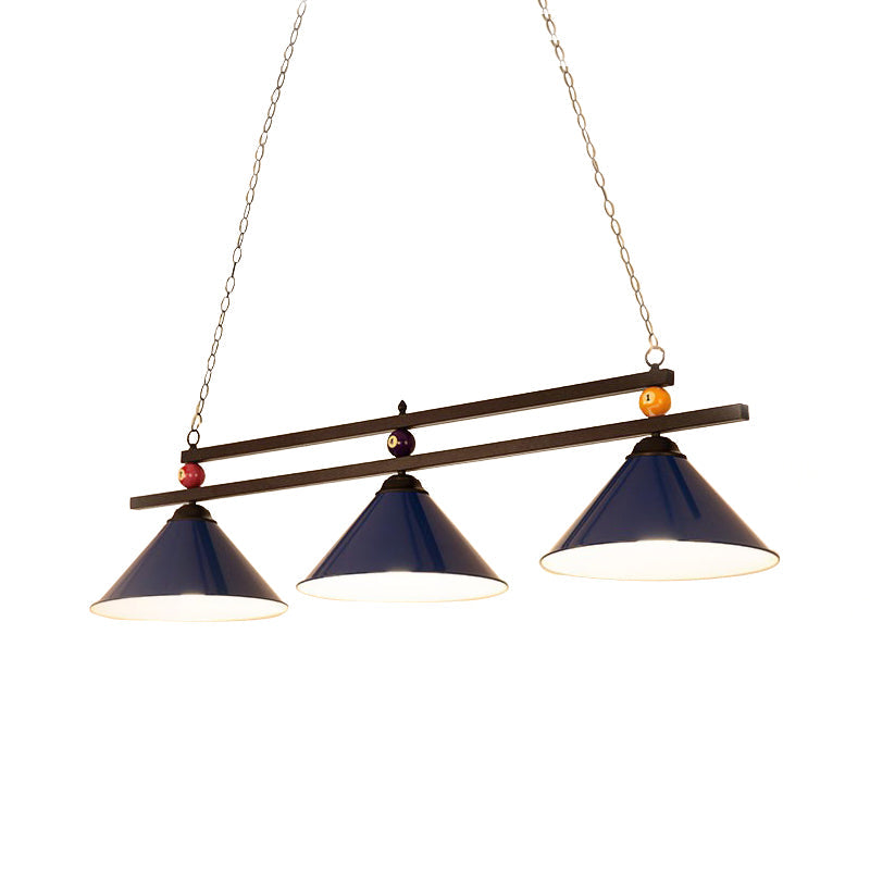 Black/Red Industrial Cone Shade Ceiling Pendant With 3 Metal Heads And Billiard Ball Deco