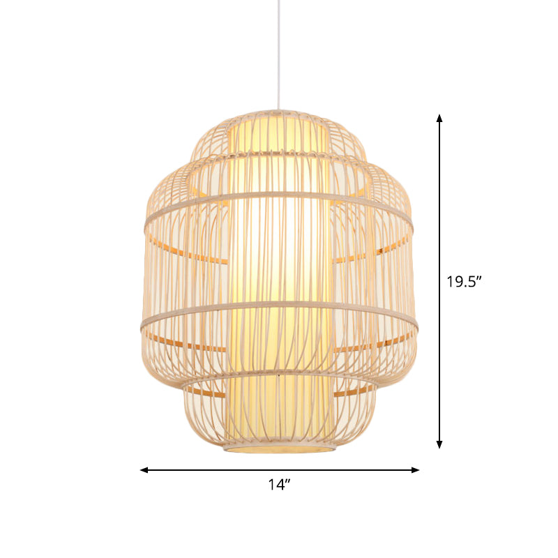 Asian Bamboo Pendant Light with Shade Inside - Cylinder/Donut/Raindrop Design