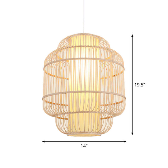 Asian Bamboo Pendant Light with Shade Inside - Cylinder/Donut/Raindrop Design