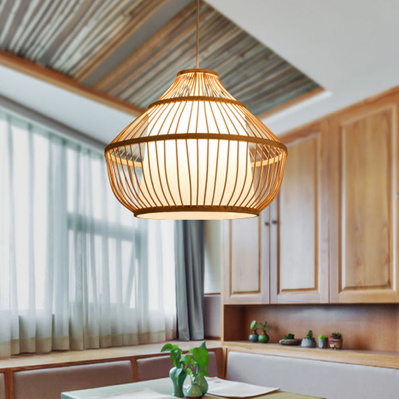 Asian Bamboo Pendant Light - Cylinder/Donut/Raindrop Shape Beige Ceiling With Inside Shade / A