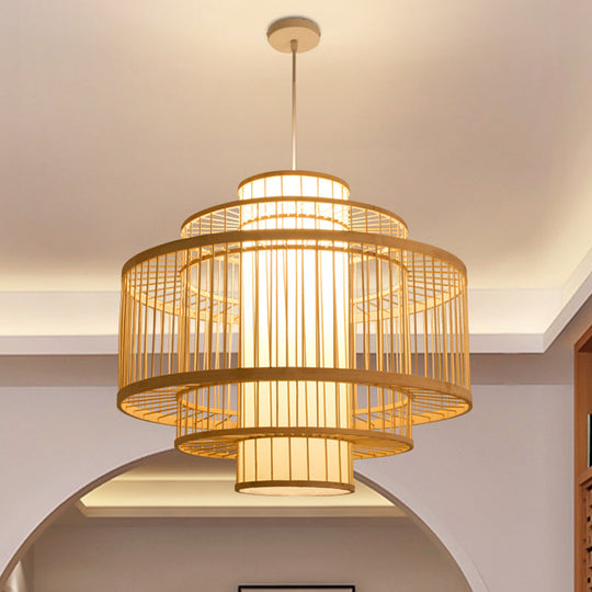 Asian Bamboo Pendant Light with Shade Inside - Cylinder/Donut/Raindrop Design