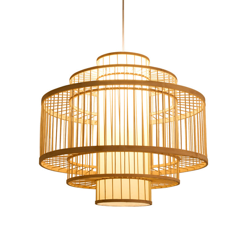 Asian Bamboo Pendant Light with Shade Inside - Cylinder/Donut/Raindrop Design