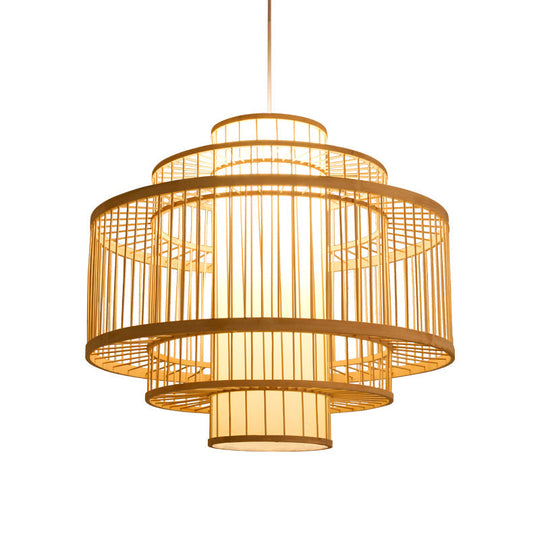 Asian Bamboo Pendant Light - Cylinder/Donut/Raindrop Shape Beige Ceiling With Inside Shade