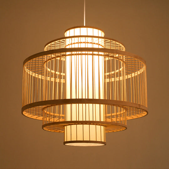 Asian Bamboo Pendant Light with Shade Inside - Cylinder/Donut/Raindrop Design