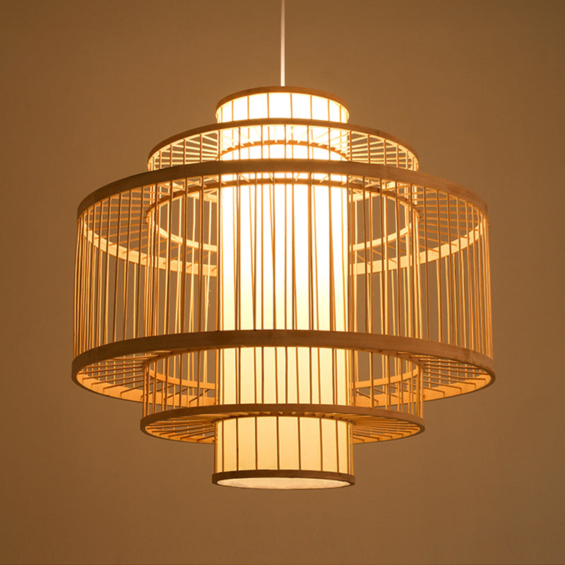 Asian Bamboo Pendant Light - Cylinder/Donut/Raindrop Shape Beige Ceiling With Inside Shade