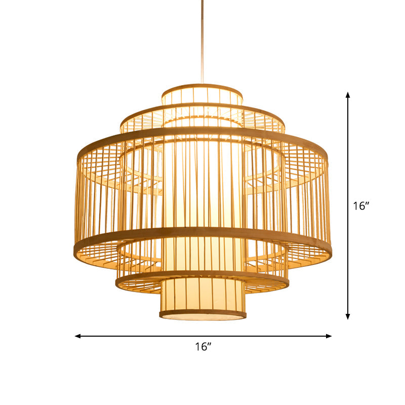 Asian Bamboo Pendant Light with Shade Inside - Cylinder/Donut/Raindrop Design