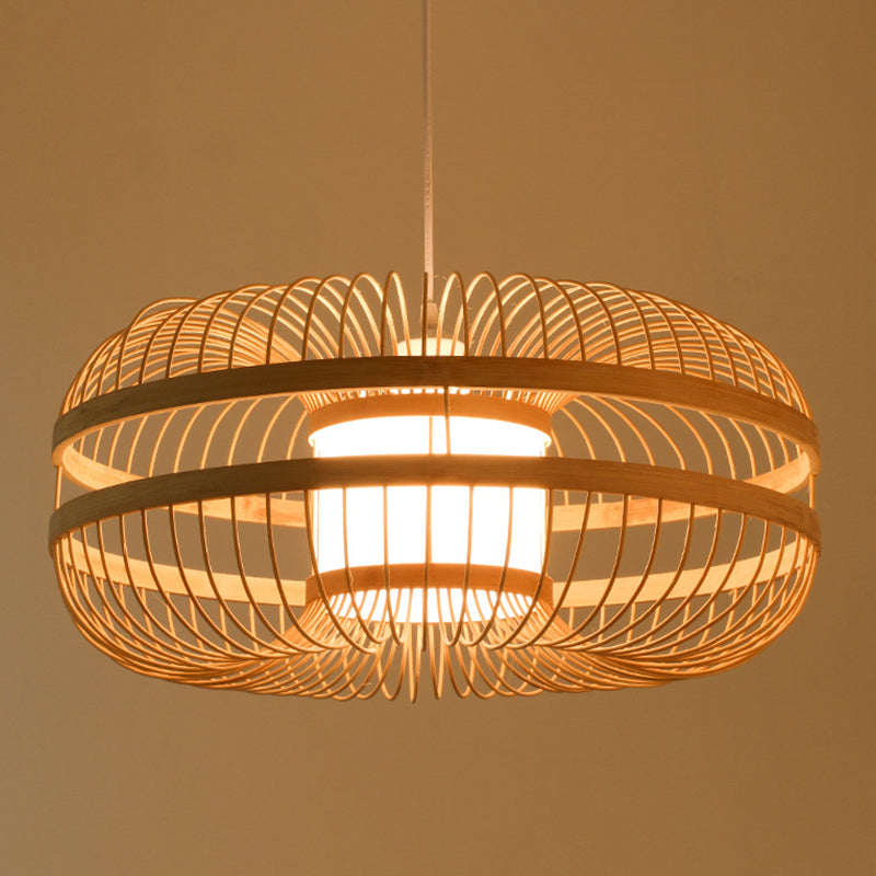 Asian Bamboo Pendant Light with Shade Inside - Cylinder/Donut/Raindrop Design