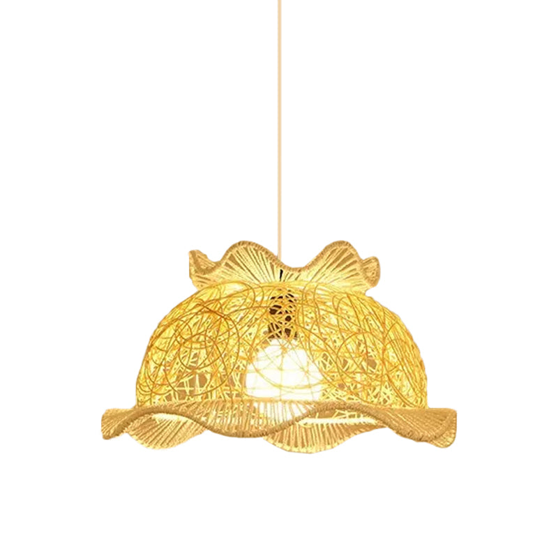 Modernist Rattan Pendant Light - 1-Light Beige Hanging Lamp for Table - Ruffled Hat/Spiral Design