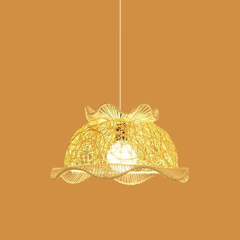 Modernist Rattan Pendant Light - 1-Light Beige Hanging Lamp for Table - Ruffled Hat/Spiral Design