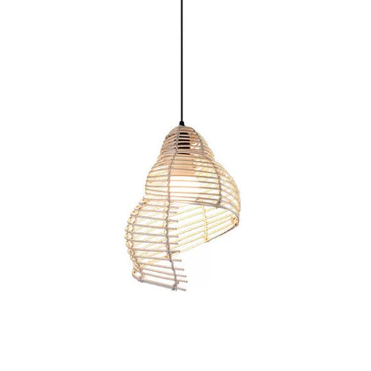 Modernist Rattan Pendant Light - 1-Light Beige Hanging Lamp for Table - Ruffled Hat/Spiral Design