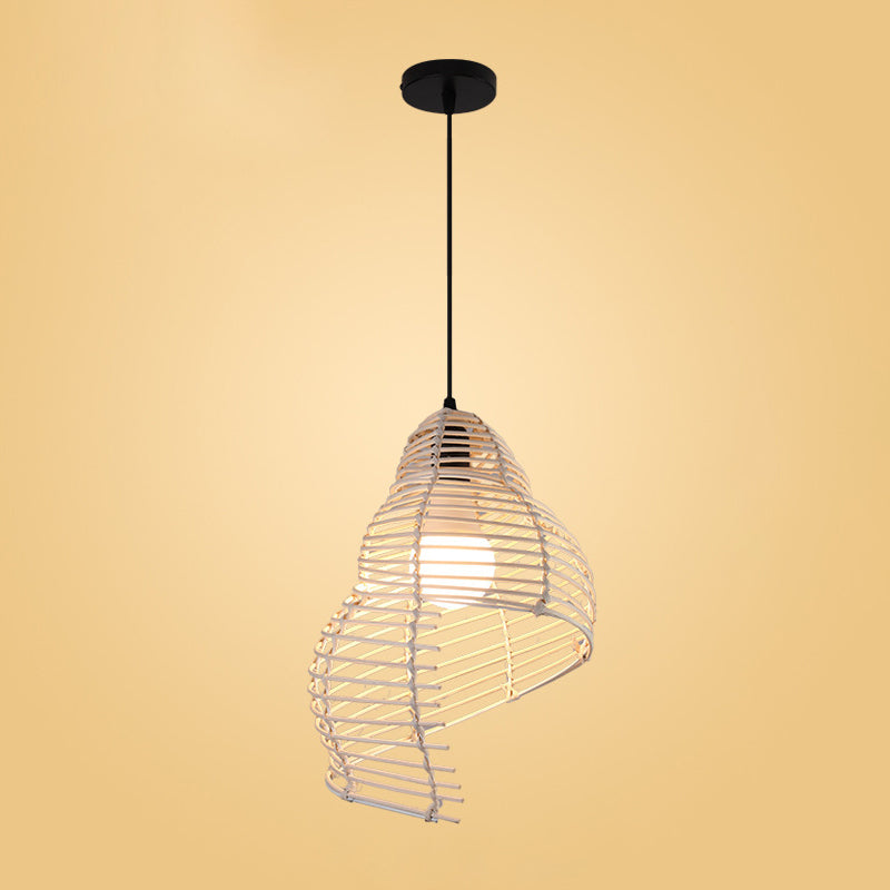 Modernist Rattan Pendant Light - 1-Light Beige Hanging Lamp for Table - Ruffled Hat/Spiral Design