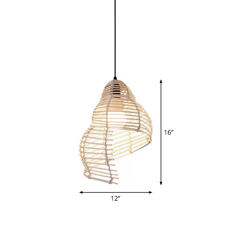 Modernist Rattan Pendant Light - 1-Light Beige Hanging Lamp for Table - Ruffled Hat/Spiral Design