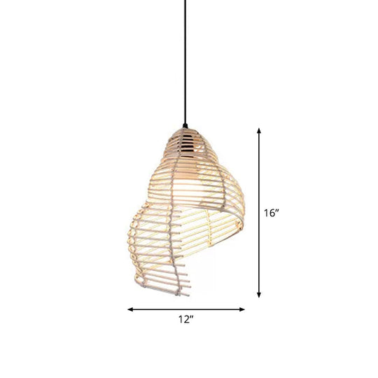 Modernist Rattan Pendant Light - 1-Light Beige Hanging Lamp for Table - Ruffled Hat/Spiral Design