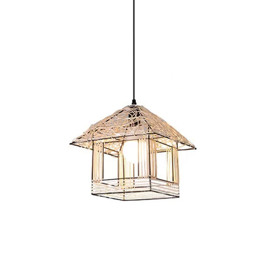 Modernist Rattan Pendant Light - 1-Light Beige Hanging Lamp for Table - Ruffled Hat/Spiral Design